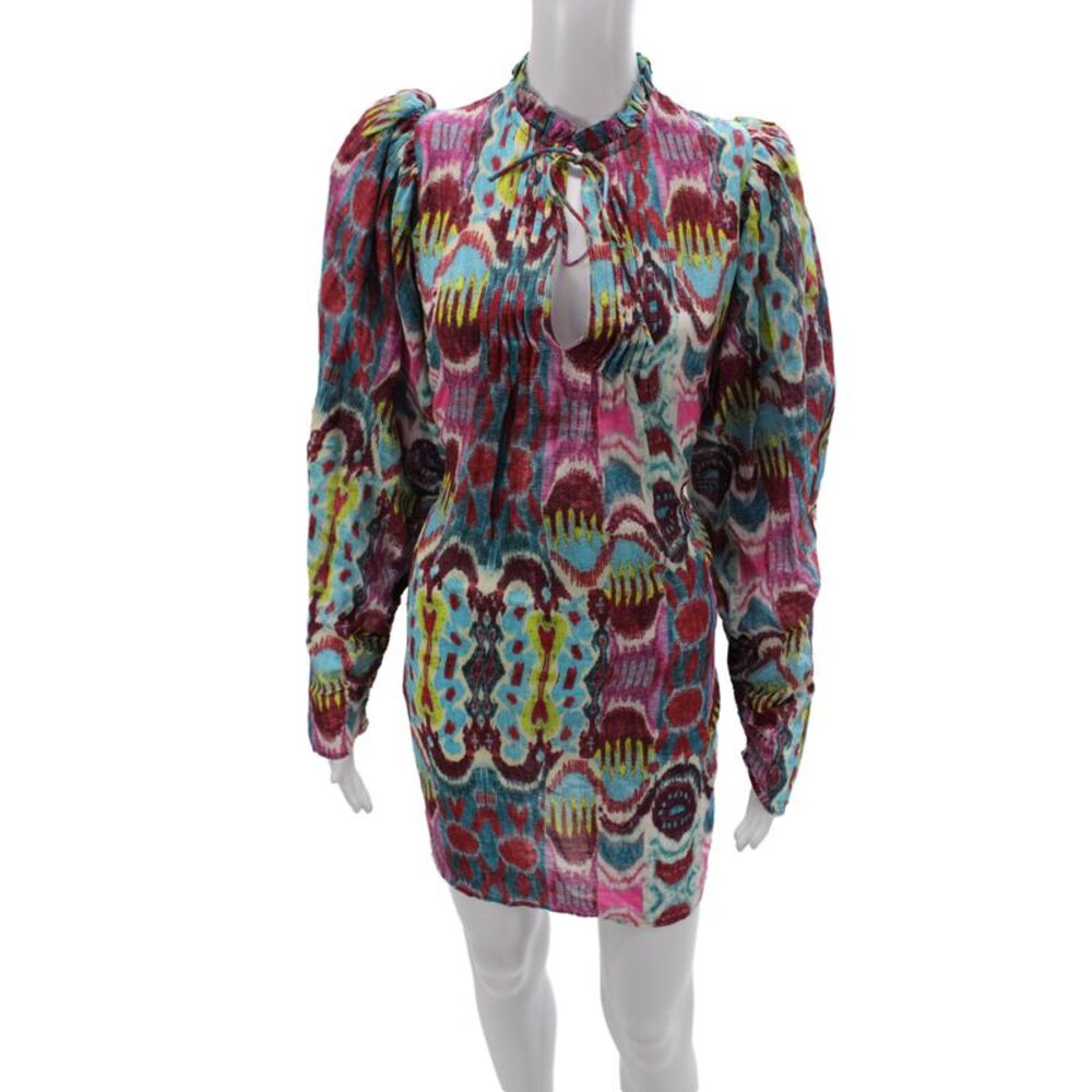 Mariacher Women Bohemian Cotton Mini Dress High Neck Longsleeve Size XS